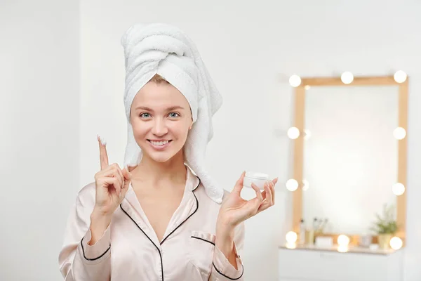 Young Beautiful Woman White Towel Head Going Apply Moisturizing Cream — 스톡 사진