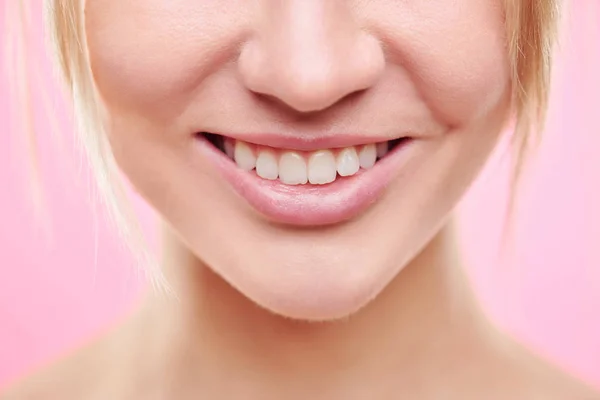 Close Lower Part Face Young Healthy Female Toothy Smile Natural — Stock Photo, Image