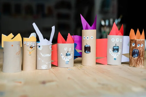 Row Several Scary Halloween Toys Decorations Made Rolled Paper Schoolkids — Stock Photo, Image