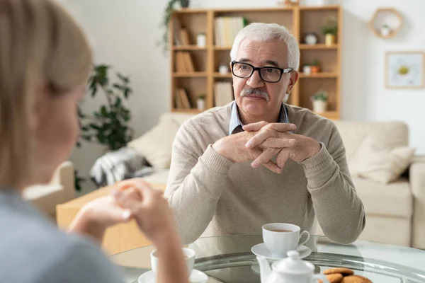 Senior Retired Man Looking His Daughter Conversation Cup Tea Cookies — Stockfoto