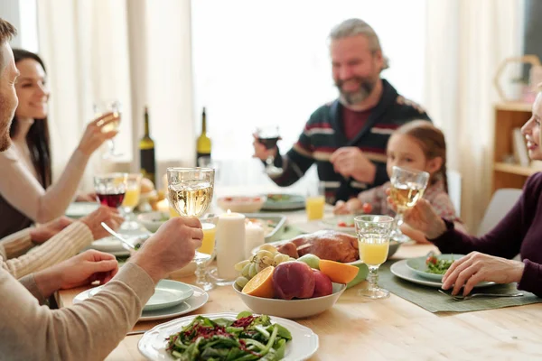 Hand Young Man Holding Glass Wine Served Table Toast Festive — Stok fotoğraf