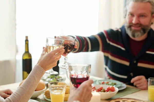 Mature Man His Daughter Clinking Glasses Wine Snacks Served Table — Stockfoto