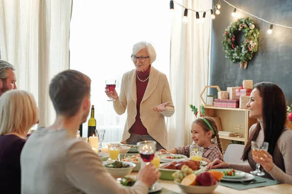 Senior Grey Haired Female Toasting Glass Red Wine Served Table — Stockfoto