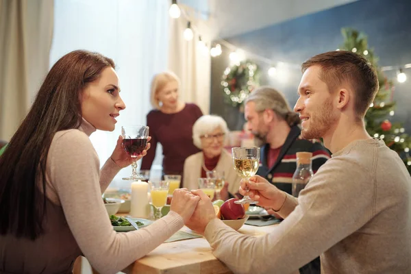 Young Affectionate Couple Glasses Wine Making Festive Toast Served Table — Stock Photo, Image