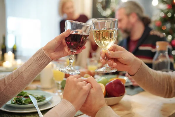 Hands Young Affectionate Couple Clinking Glasses Wine Making Festive Toast — ストック写真