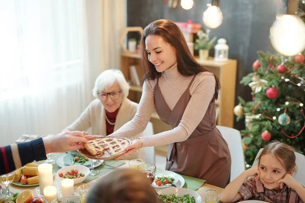 Happy Young Woman Giving Homemade Pie Her Father Served Festive — Stok fotoğraf