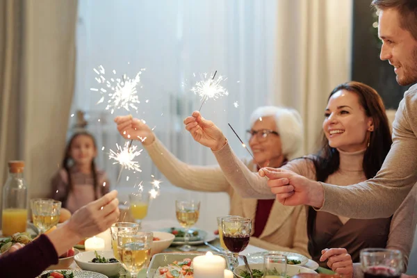 Cheerful Young Mature Adults Holding Sparkling Bengal Lights Served Festive — Stok fotoğraf