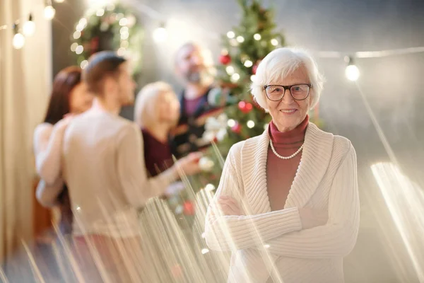 Happy Grandma Her Arms Crossed Chest Wishing You Merry Christmas — Stock Photo, Image