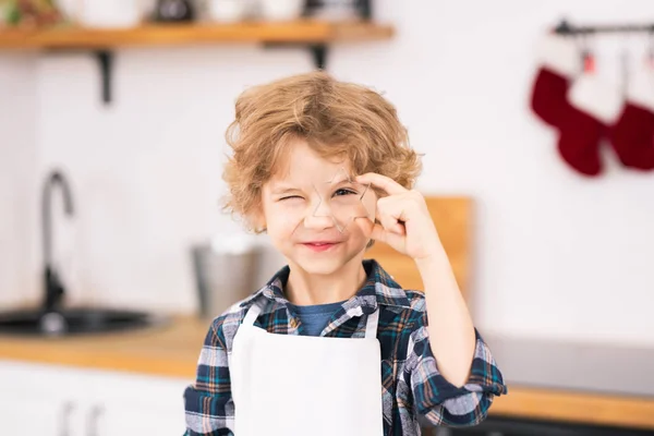 Happy Cute Little Boy Apron Holding Star Shaped Cutter His — Stock Photo, Image