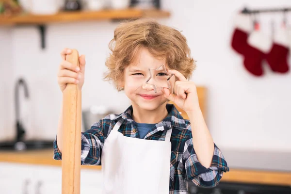 Adorable Blond Curly Little Boy Apron Holding Star Shaped Cutter — Stock Photo, Image