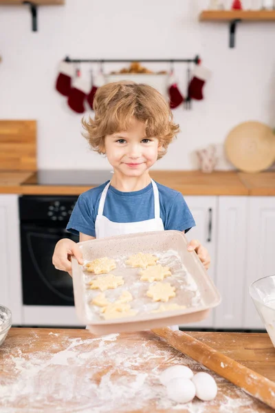 Feliz Menino Bonito Segurando Bandeja Com Biscoitos Auto Feitos Crus — Fotografia de Stock