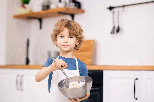 Cute Blond Boy Using Whisker While Mixing Flour Eggs Steel — Stock Photo, Image