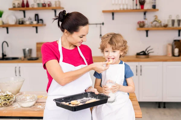 Glückliche Junge Frau Gibt Ihrem Kleinen Sohn Frisch Gebackene Plätzchen — Stockfoto