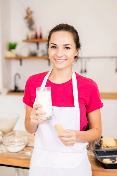 Happy Young Brunette Female Toothy Smile Having Glass Milk Baked — Stockfoto