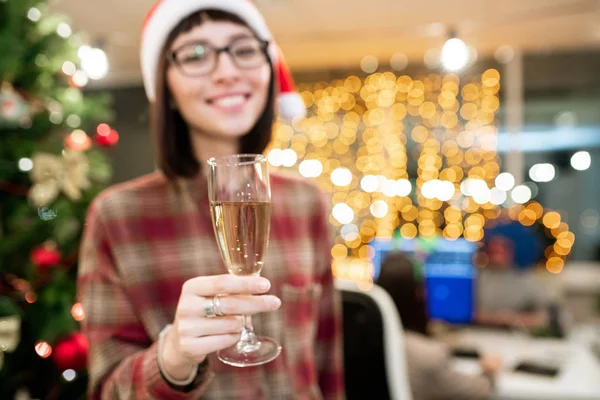 Hand Female Office Manager Holding Flute Champagne Front Camera While — Stock Photo, Image