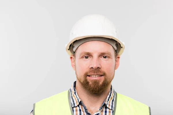 Portrait Young Successful Builder White Hardhat Checkered Shirt Yellow Vest — 스톡 사진