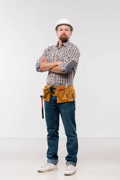 Young Successful Bearded Repairman White Hardhat Checkered Shirt Blue Jeans — 스톡 사진