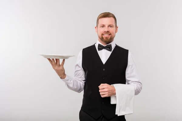 Young Elegant Waiter Black Waistcoat Bowtie Holding White Towel Plate — ストック写真