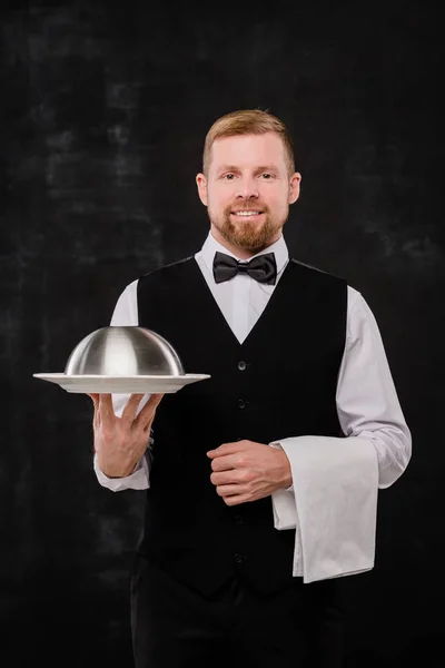 Happy Young Elegant Waiter Holding White Towel Cloche Food While — ストック写真