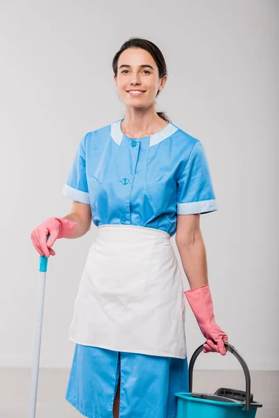 Happy Young Hotel Cleaning Staff Uniform Rubber Gloves Holding Bucket — Stok Foto