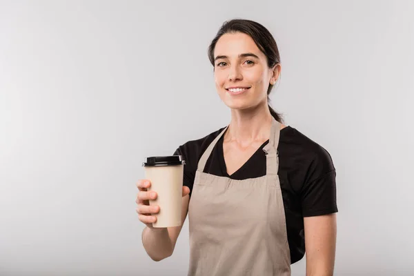 Boldog Barna Pincérnő Kötényben Kínál Önnek Üveg Forró Kávét Miközben — Stock Fotó