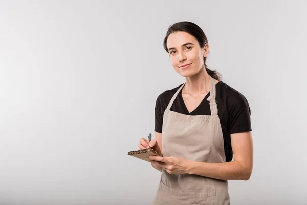 Pretty Young Brunette Waitress Apron Making Notes Order Notepad While — ストック写真