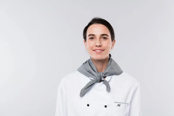 Mooie Jonge Chef Kok Wit Uniform Kijken Naar Met Een — Stockfoto