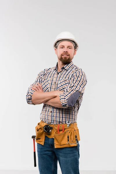 Young Technician Toolbelt His Waist Crossing Arms Chest While Standing — Stock Photo, Image