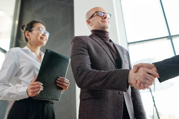 Mature Businessman Shaking Hand Business Partner Negotiation Greeting Secretary Standing — Stockfoto