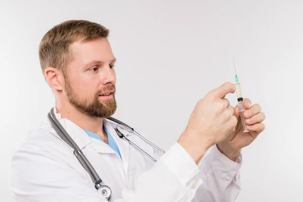Bearded Young Successful Doctor Phonendoscope Neck Holding Syringe While Going — Stock Photo, Image