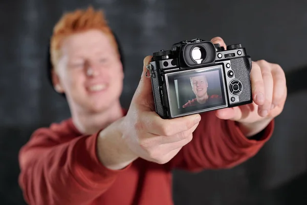 Hands Cheerful Young Vlogger Holding Camera Front Himself While Posing — Stock Photo, Image