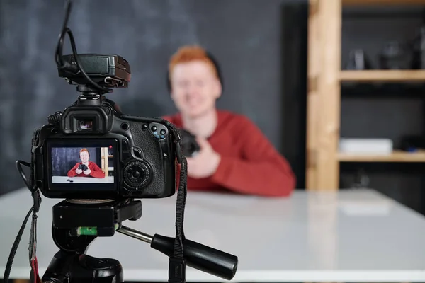 Screen Video Camera Young Male Vlogger Photographer Holding Photocamera Shooting — Stock Photo, Image
