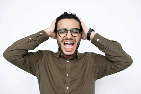 Irritated Young Mixed Race Businessman Eyeglasses Keeping His Hands Head — Stock Photo, Image