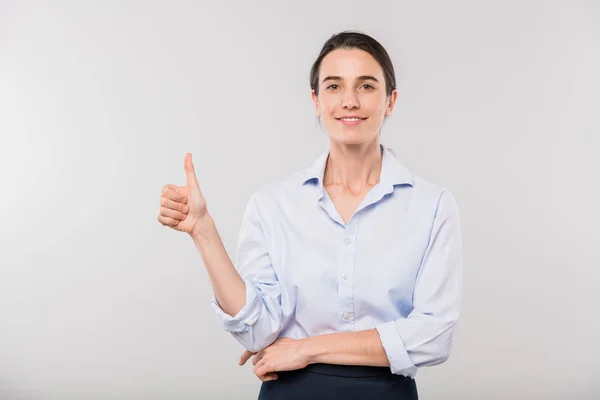 Happy Young Elegant Businesswoman White Shirt Showing Thumb Front Camera — 스톡 사진