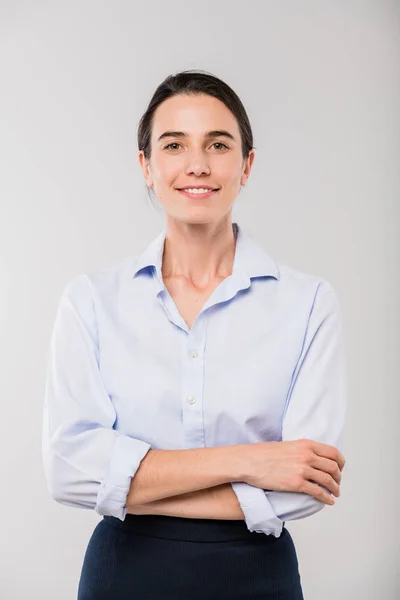 Happy Young Elegant Businesswoman White Shirt Standing Front Camera Isolation — Stock Photo, Image