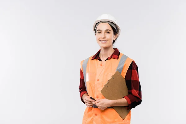 Successful Young Female Engineer Protective Helmet Orange Jacket Holding Clipboard — 스톡 사진