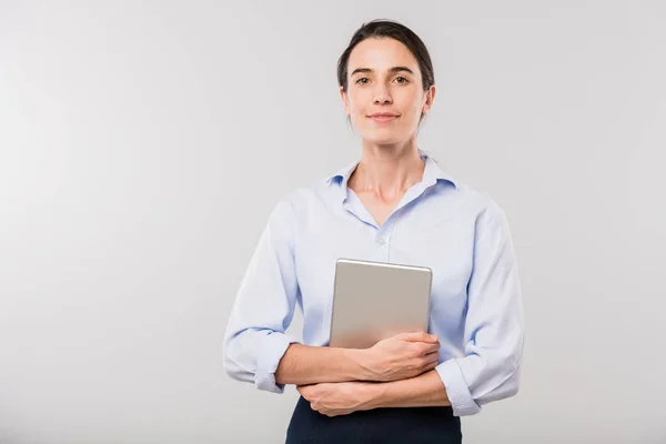 Young Elegant Businesswoman Touchpad Standing Front Camera While Posing Isolation — Stock Photo, Image