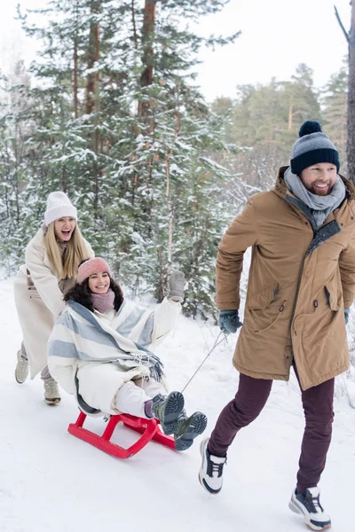 穿着冬衣快乐的年轻人牵着雪橇和快乐的女孩在公园里玩耍 而另一个女人在后面跑 — 图库照片