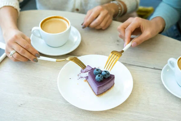Hands Young Friendly Women Forks Taking Piece Appetizing Blueberry Cake — Stock Photo, Image
