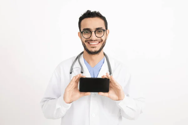 Cheerful Young Doctor Toothy Smile Photographing You Smartphone Front Camera — 스톡 사진