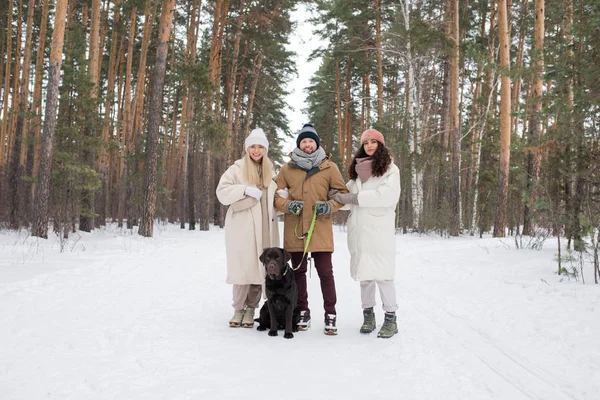 Kışlık Giysili Iki Mutlu Kız Karlı Ormanda Parkta Yürürken Elinde — Stok fotoğraf
