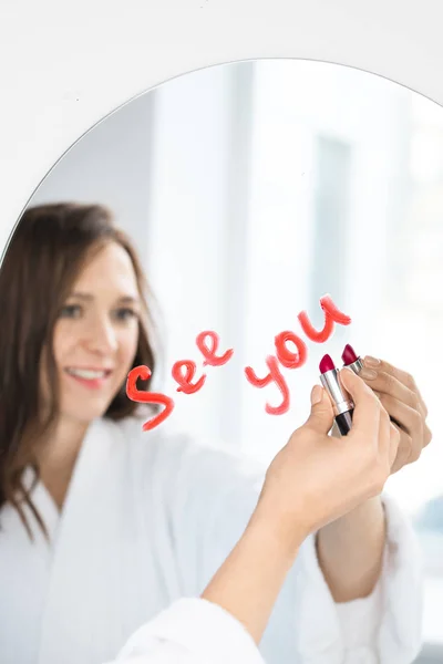 Hand Happy Young Brunette Woman White Soft Bathrobe Writing Lipstick — Stock Photo, Image