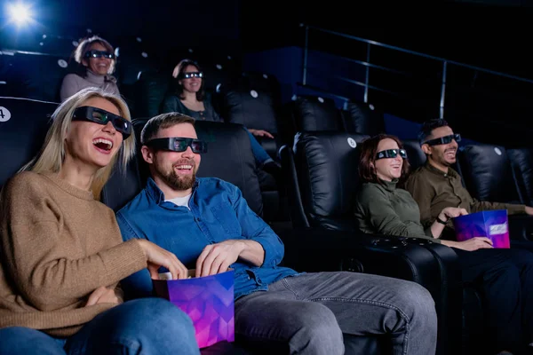 Young Laughing Man Woman Friends Eyeglasses Having Popcorn Watching Movie — Stock Photo, Image