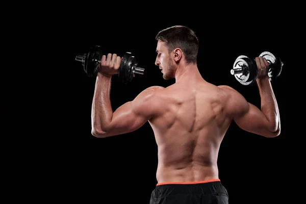 Rear View Young Muscular Shirtless Sportsman Exercising Dumbbells Front Camera — Stock Photo, Image