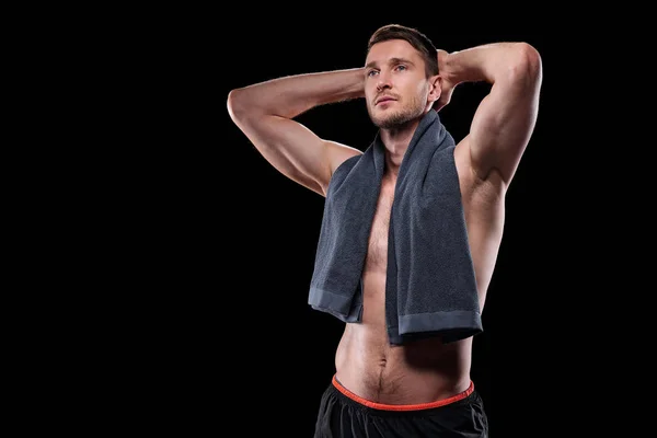 Handsome Muscular Shirtless Male Athlete Towel Neck Keeping His Hands — Stock Photo, Image