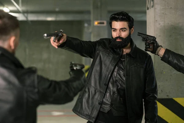 Young Bearded Killer Terrorist Black Leather Jacket Directing Handgun Victim — Stock Photo, Image