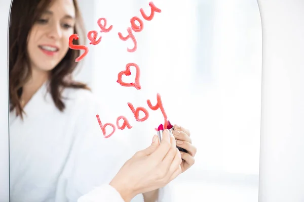 Hand Brunette Girl Bathrobe Writing Love Message Drawing Heart Lipstick — Stockfoto