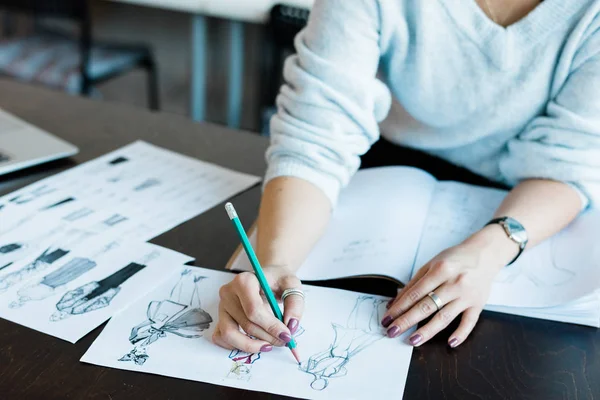 Close Unrecognizable Woman Working Fashion Sketch Design Table — Stock Photo, Image