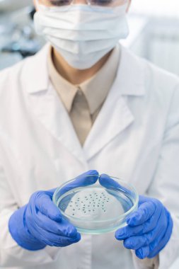 Unrecognizable medical scientist wearing protective mask and gloves holding cell culture dish