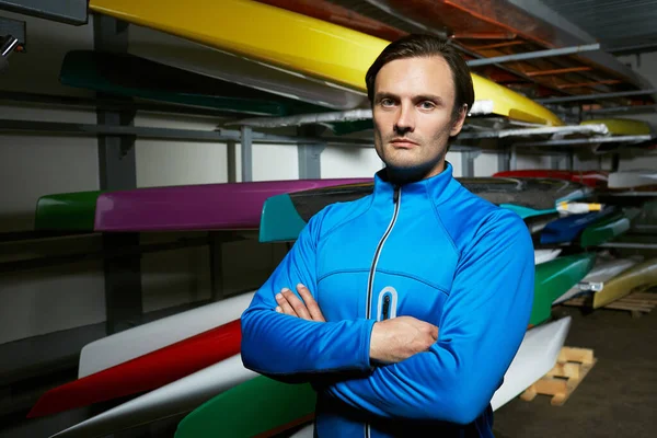 Portrait Professional Caucasian Male Canoeist Standing Boats Crossed Hands Looking — Stock Photo, Image